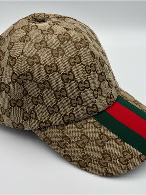 Gucci Original GG Canvas Baseball Cap Beige Brown Web Stripe Size M